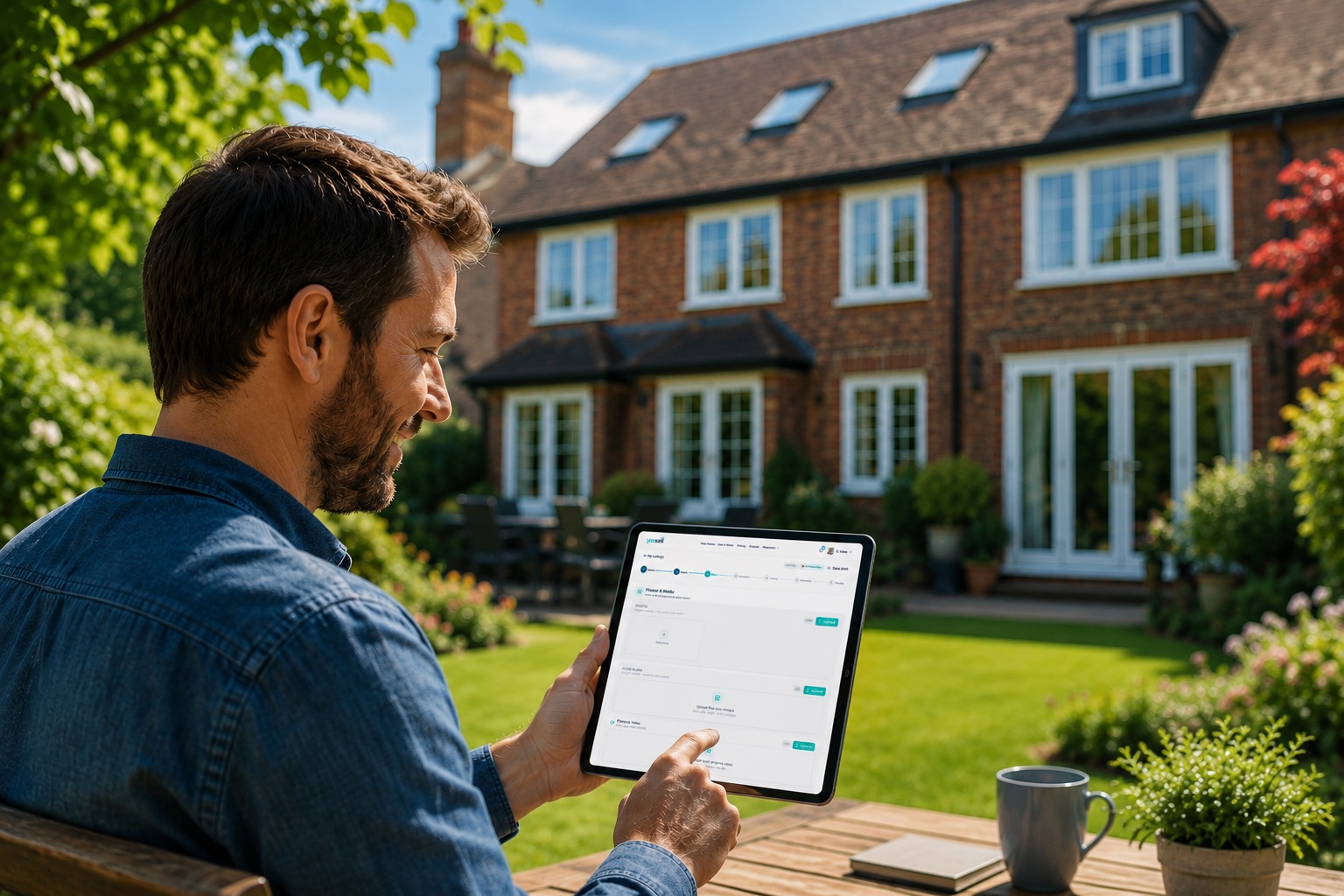 Homeowner managing their property sale on a tablet outside their home